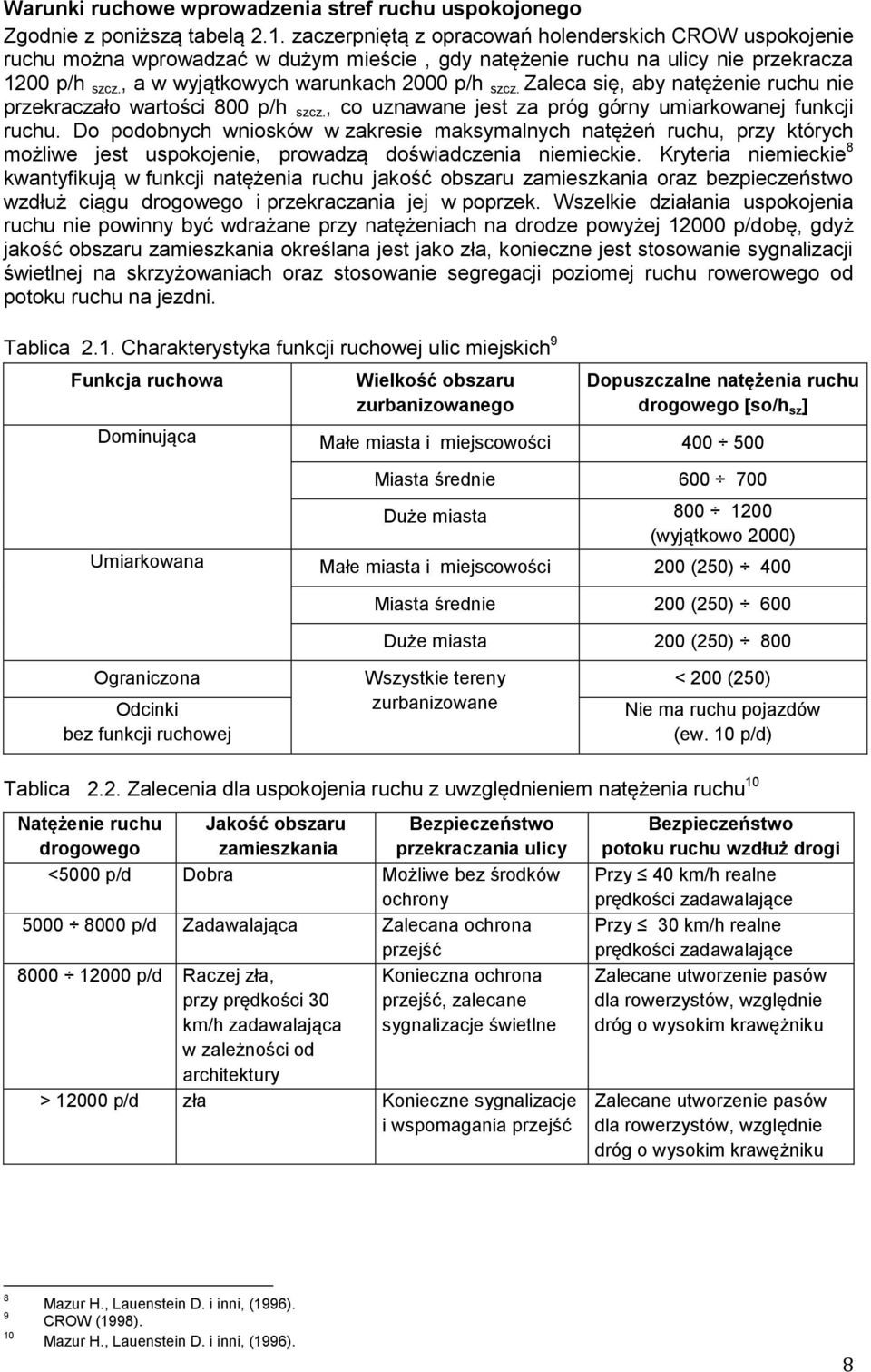 Zaleca się, aby natężenie ruchu nie przekraczało wartości 800 p/h szcz., co uznawane jest za próg górny umiarkowanej funkcji ruchu.