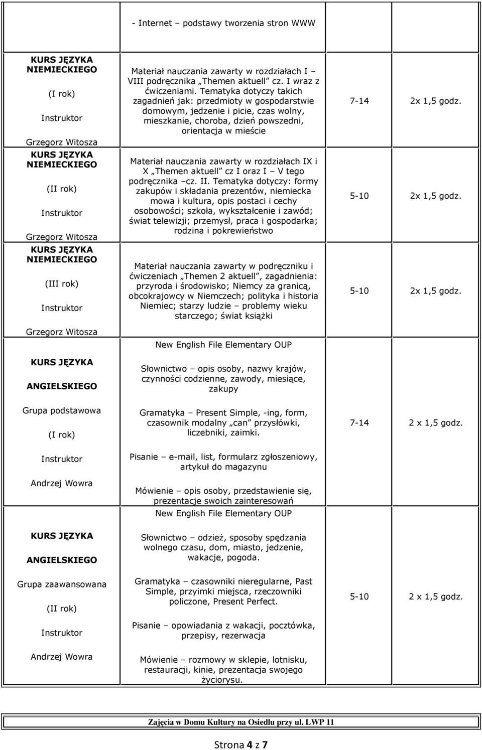 Tematyka dotyczy takich zagadnień jak: przedmioty w gospodarstwie domowym, jedzenie i picie, czas wolny, mieszkanie, choroba, dzień powszedni, orientacja w mieście Materiał nauczania zawarty w
