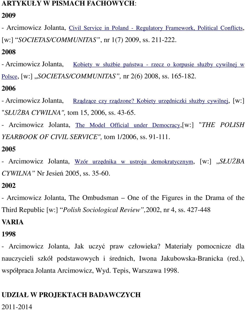 Kobiety urzędniczki służby cywilnej, [w:] "SŁUŻBA CYWILNA", tom 15, 2006, ss. 43-65.