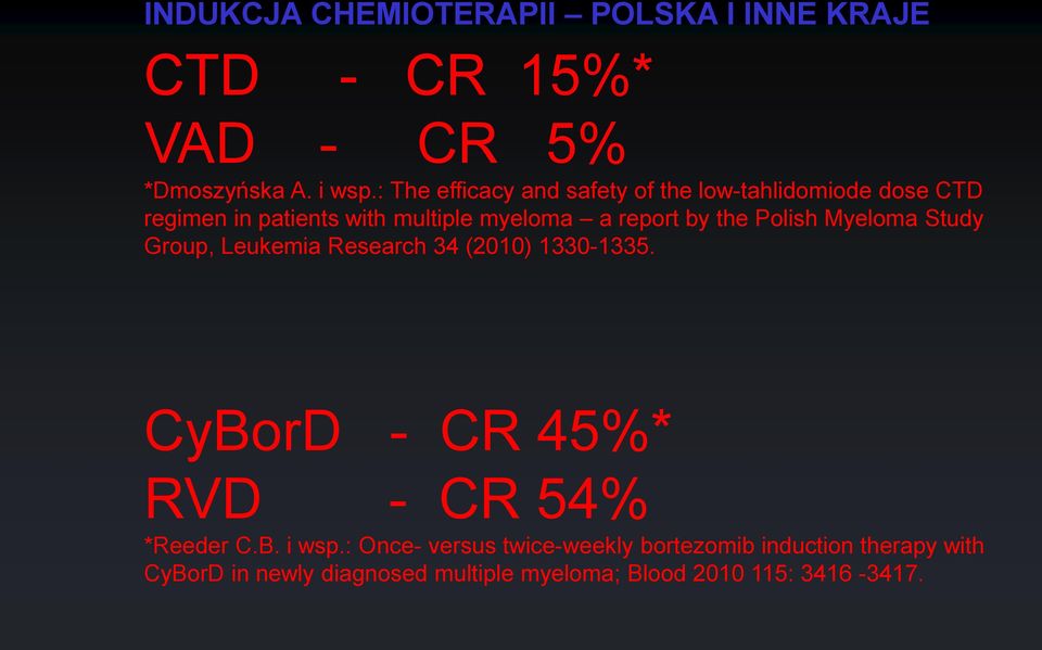 the Polish Myeloma Study Group, Leukemia Research 34 (2010) 1330-1335. CyBorD - CR 45%* RVD - CR 54% *Reeder C.B. i wsp.