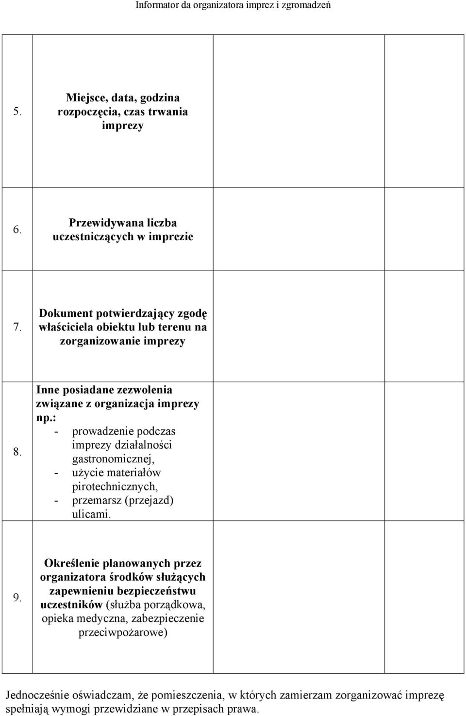 : - prowadzenie podczas imprezy działalności gastronomicznej, - użycie materiałów pirotechnicznych, - przemarsz (przejazd) ulicami. 9.