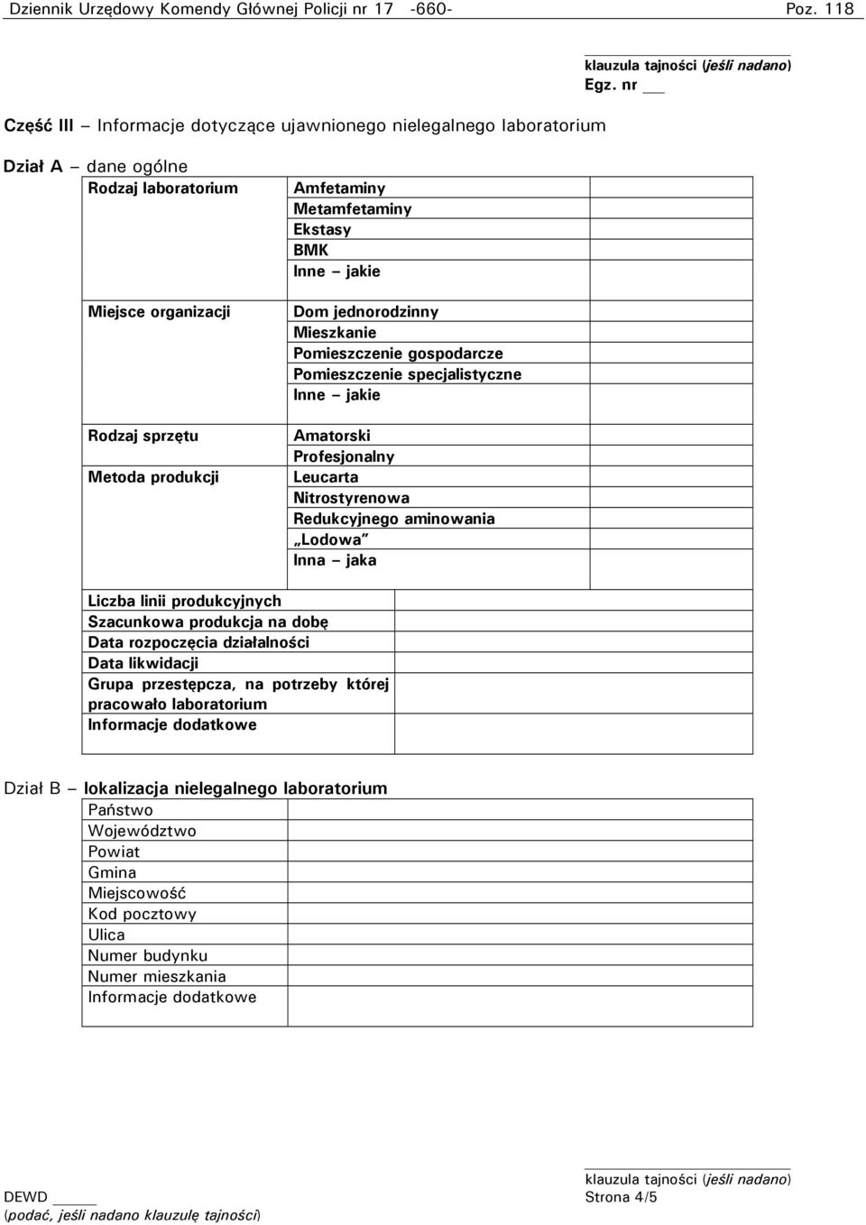 Pomieszczenie specjalistyczne Inne jakie Amatorski Profesjonalny Leucarta Nitrostyrenowa Redukcyjnego aminowania Lodowa Inna jaka Liczba linii produkcyjnych Szacunkowa produkcja na dobę Data