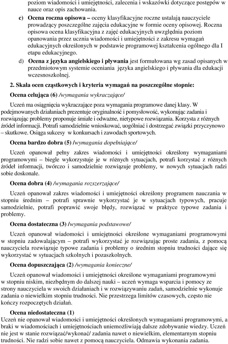 Roczna opisowa ocena klasyfikacyjna z zajęć edukacyjnych uwzględnia poziom opanowania przez ucznia wiadomości i umiejętności z zakresu wymagań edukacyjnych określonych w podstawie programowej