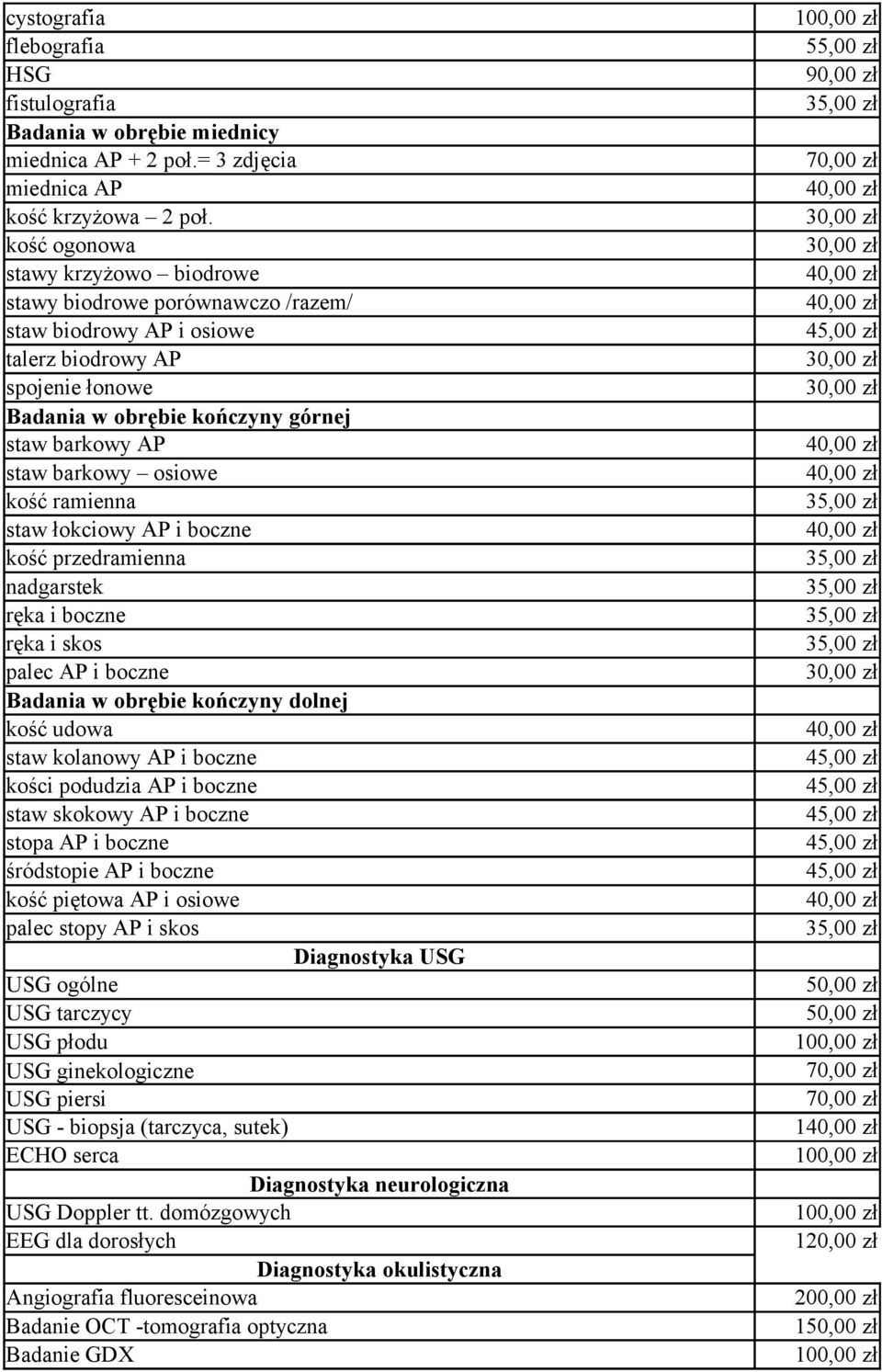 osiowe kość ramienna staw łokciowy AP i boczne kość przedramienna nadgarstek ręka i boczne ręka i skos palec AP i boczne Badania w obrębie kończyny dolnej kość udowa staw kolanowy AP i boczne kości