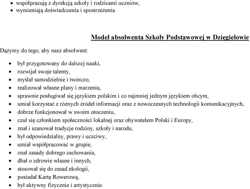 plany i marzenia, sprawnie posługiwał się językiem polskim i co najmniej jednym językiem obcym, umiał korzystać z różnych źródeł informacji oraz z nowoczesnych technologii komunikacyjnych, dobrze