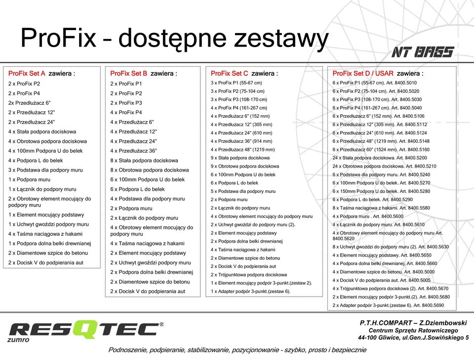 P2 (75-104 cm) 3 x ProFix P3 (108-170 cm) 4 x ProFix P4 (161-267 cm) 4 x Przeduacz 6 (152 mm) 4 x Przeduacz 12 (305 mm) 4 x Przeduacz 24 (610 mm) 4 x Przeduacz 36 (914 mm) 6 x ProFix P1 (55-67 cm).