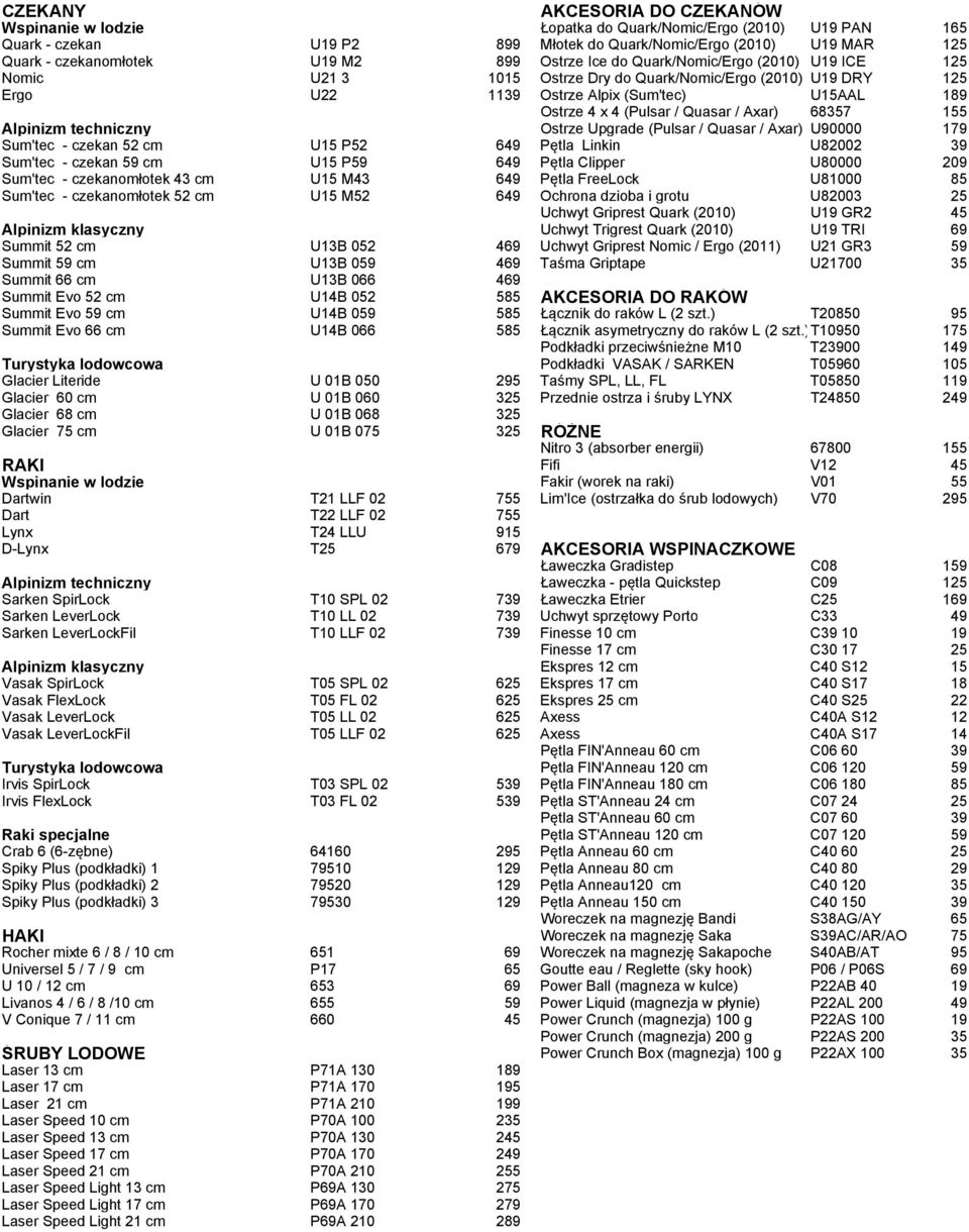 / Axar) 68357 155 Alpinizm techniczny Ostrze Upgrade (Pulsar / Quasar / Axar) U90000 179 Sum'tec - czekan 52 cm U15 P52 649 Pętla Linkin U82002 39 Sum'tec - czekan 59 cm U15 P59 649 Pętla Clipper