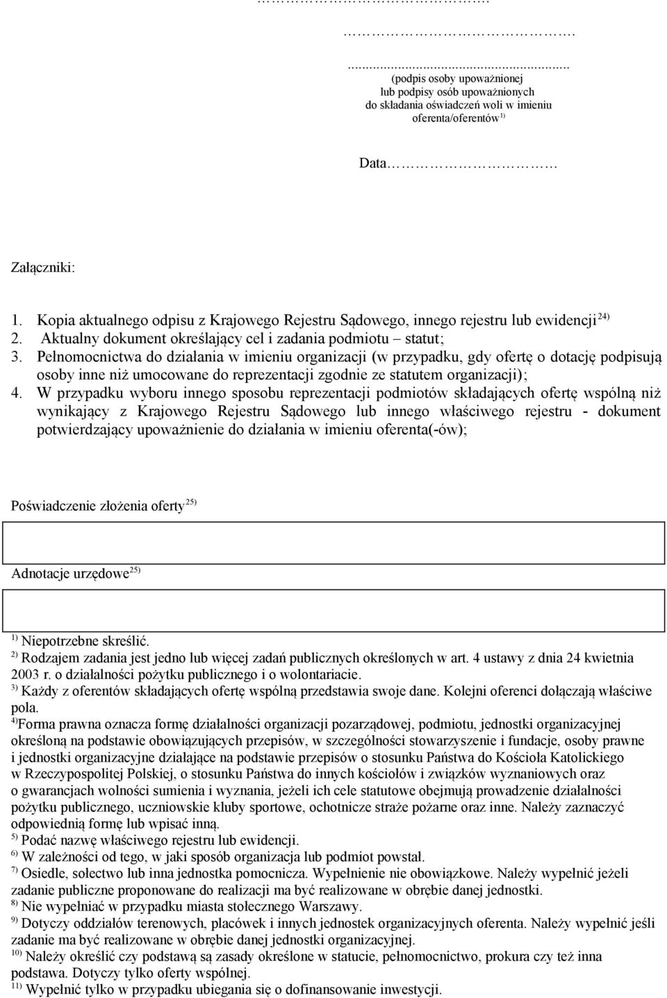 Pełnomocnictwa do działania w imieniu organizacji (w przypadku, gdy ofertę o dotację podpisują osoby inne niż umocowane do reprezentacji zgodnie ze statutem organizacji); 4.