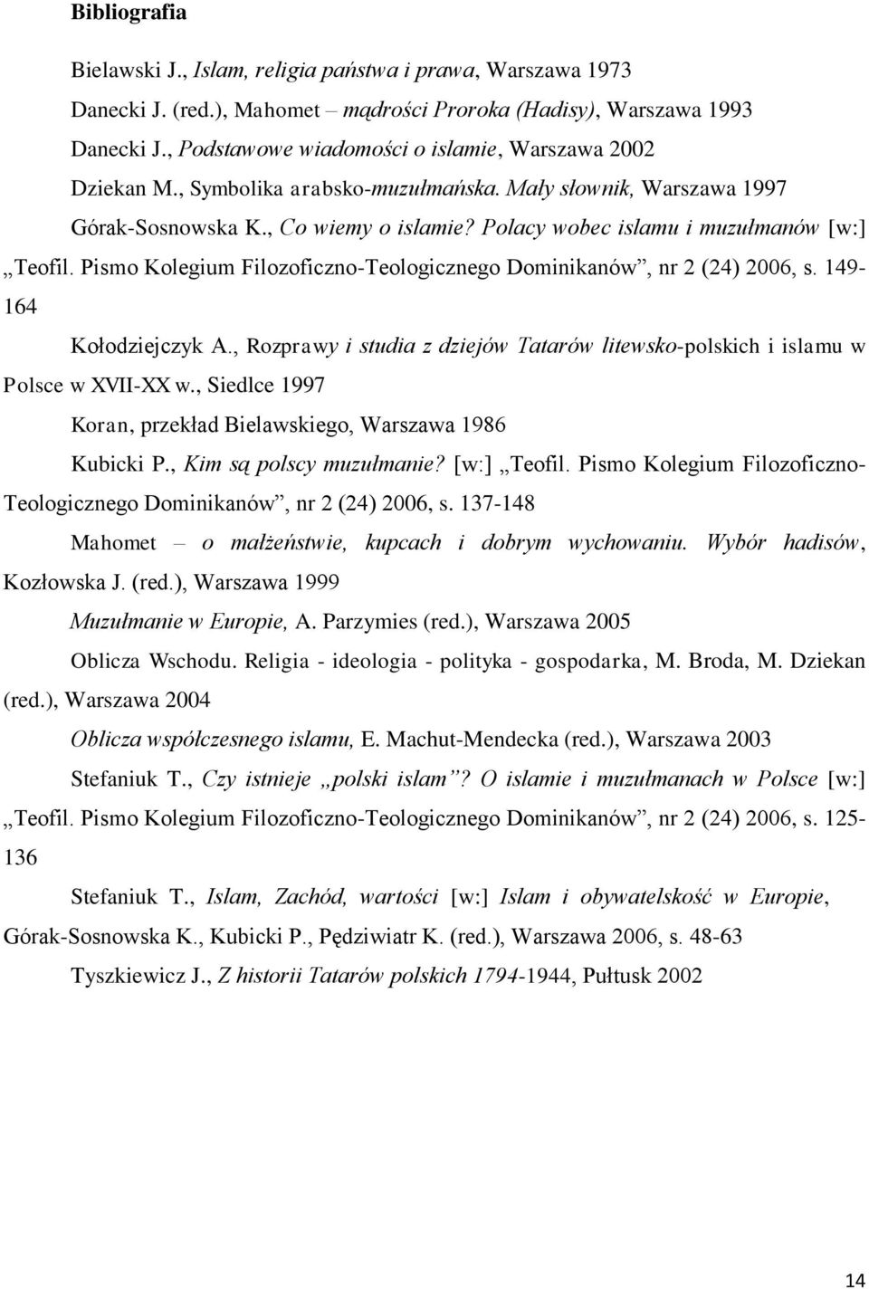 Polacy wobec islamu i muzułmanów [w:] Teofil. Pismo Kolegium Filozoficzno-Teologicznego Dominikanów, nr 2 (24) 2006, s. 149-164 Kołodziejczyk A.
