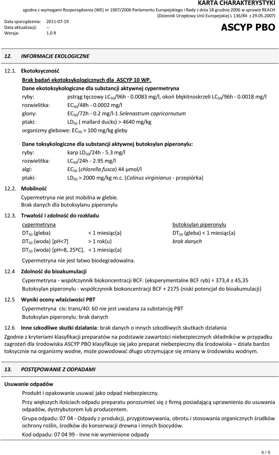 2 mg/l-1 Selenastrum capricornutum ptaki: LD 50 ( mallard ducks) > 4640 mg/kg organizmy glebowe: EC 50 > 100 mg/kg gleby Dane toksykologiczne dla substancji aktywnej butoksylan piperonylu: ryby: karp