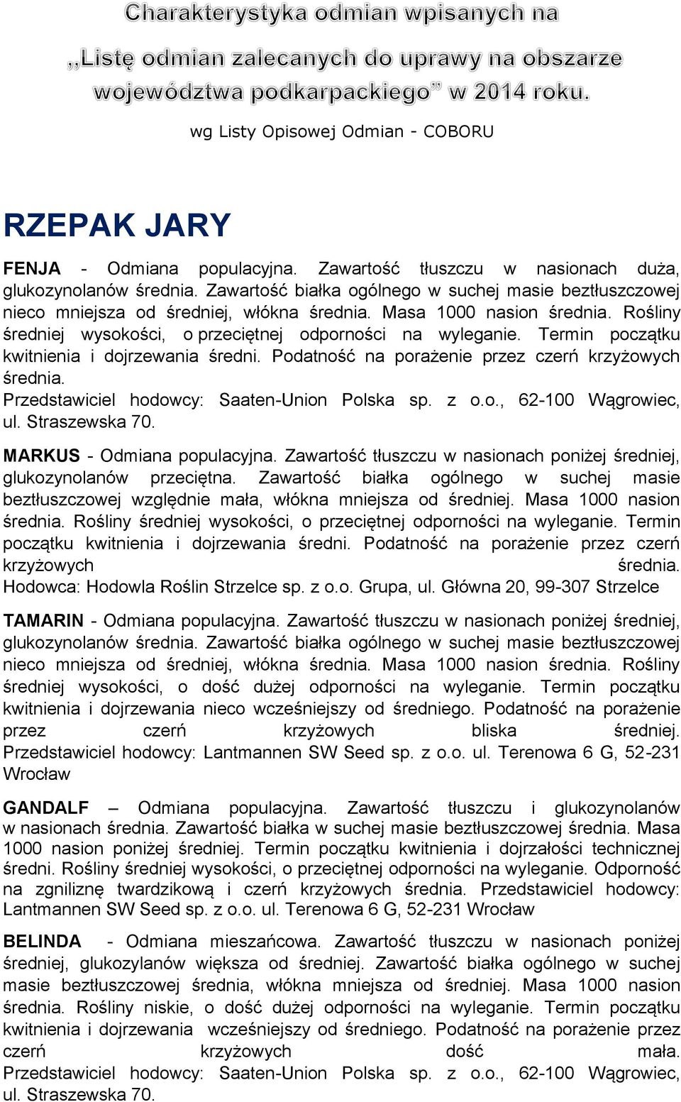 Termin początku kwitnienia i dojrzewania średni. Podatność na porażenie przez czerń krzyżowych średnia. MARKUS - Odmiana populacyjna.