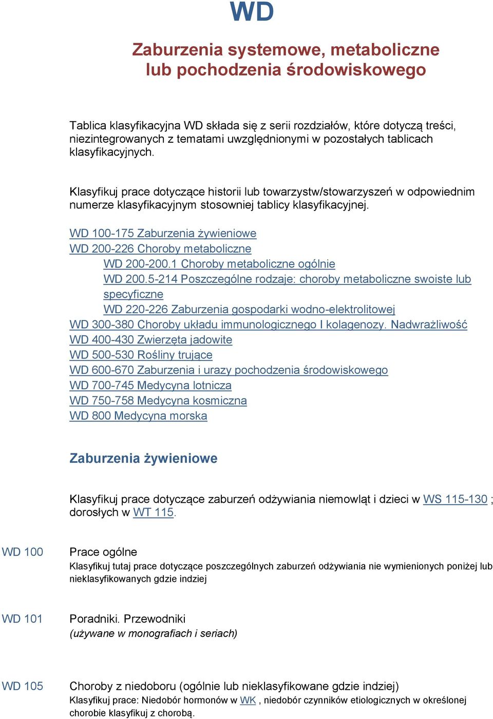 WD 100-175 Zaburzenia żywieniowe WD 200-226 Choroby metaboliczne WD 200-200.1 Choroby metaboliczne ogólnie WD 200.