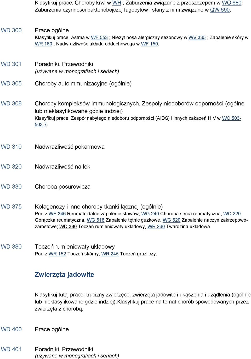 WD 301 WD 305 Choroby autoimmunizacyjne (ogólnie) WD 308 Choroby kompleksów immunologicznych.