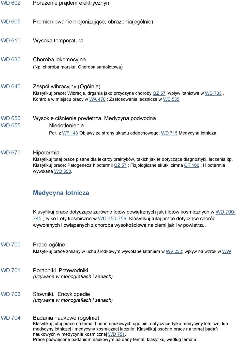 lecznicze w WB 535. WD 650 WD 655 Wysokie ciśnienie powietrza. Medycyna podwodna Niedotlenienie Por. z WF 143 Objawy ze strony układu oddechowego; WD 715 Medycyna lotnicza.