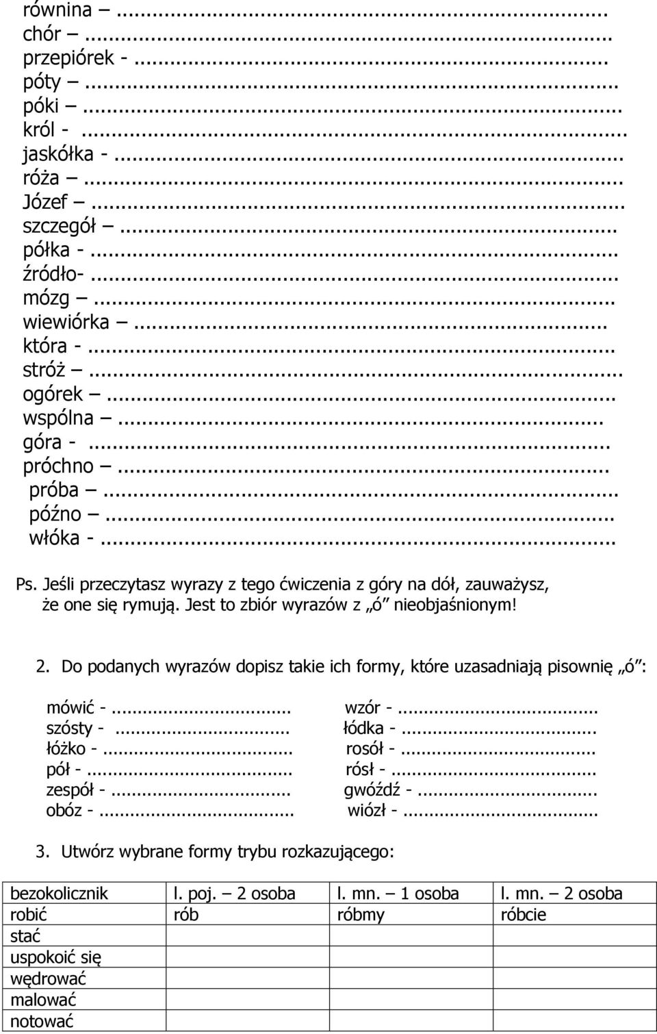 Do podanych wyrazów dopisz takie ich formy, które uzasadniają pisownię ó : mówić -... wzór -... szósty -... łódka -... łóżko -... rosół -... pół -... rósł -... zespół -... gwóźdź -.