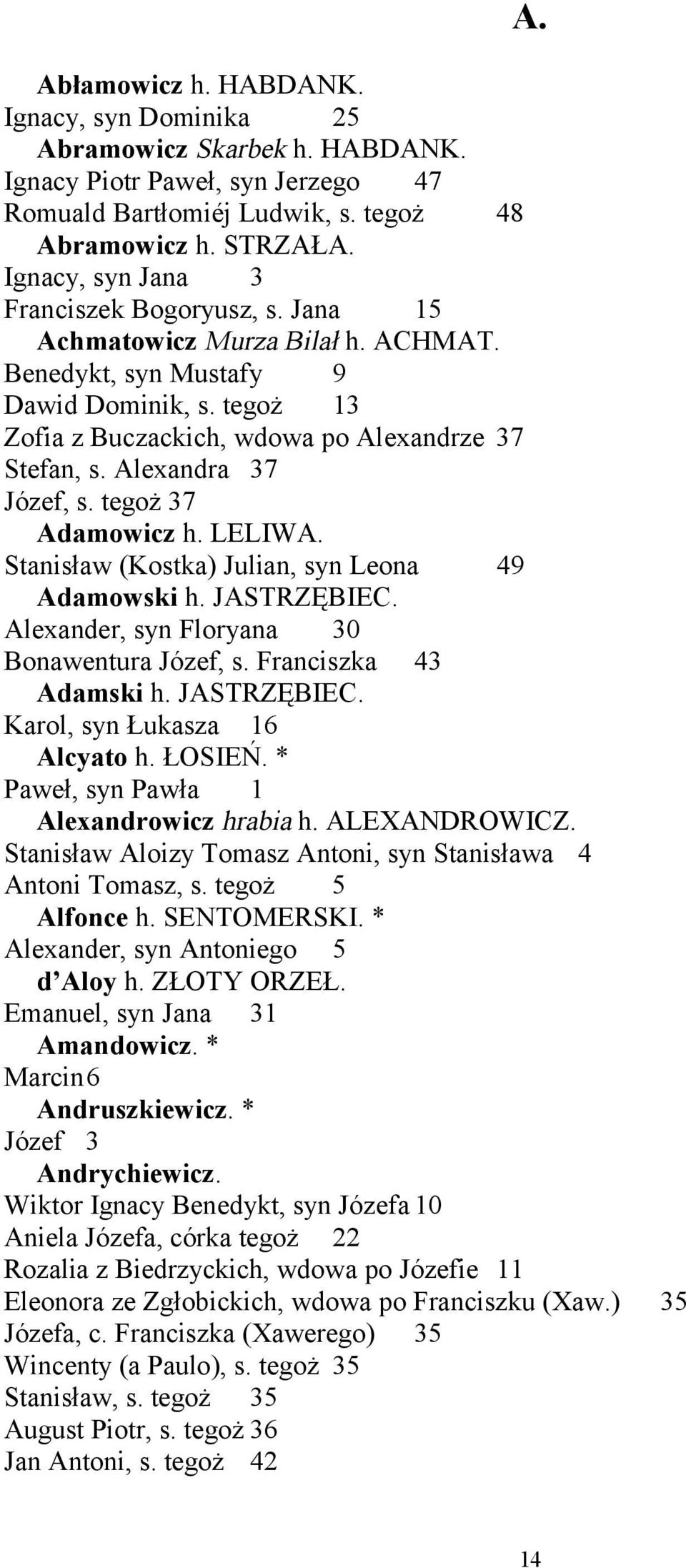 Alexandra 37 Józef, s. tegoż 37 Adamowicz h. LELIWA. Stanisław (Kostka) Julian, syn Leona 49 Adamowski h. JASTRZĘBIEC. Alexander, syn Floryana 30 Bonawentura Józef, s. Franciszka 43 Adamski h.