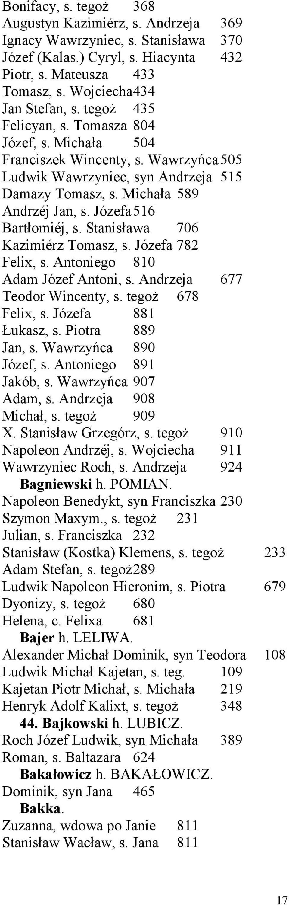 Józefa516 Bartłomiéj, s. Stanisława 706 Kazimiérz Tomasz, s. Józefa 782 Felix, s. Antoniego 810 Adam Józef Antoni, s. Andrzeja 677 Teodor Wincenty, s. tegoż 678 Felix, s. Józefa 881 Łukasz, s.