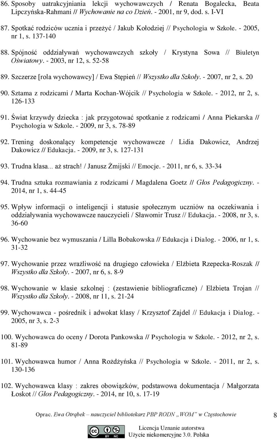 - 2003, nr 12, s. 52-58 89. Szczerze [rola wychowawcy] / Ewa Stępień // Wszystko dla Szkoły. - 2007, nr 2, s. 20 90. Sztama z rodzicami / Marta Kochan-Wójcik // Psychologia w Szkole. - 2012, nr 2, s.