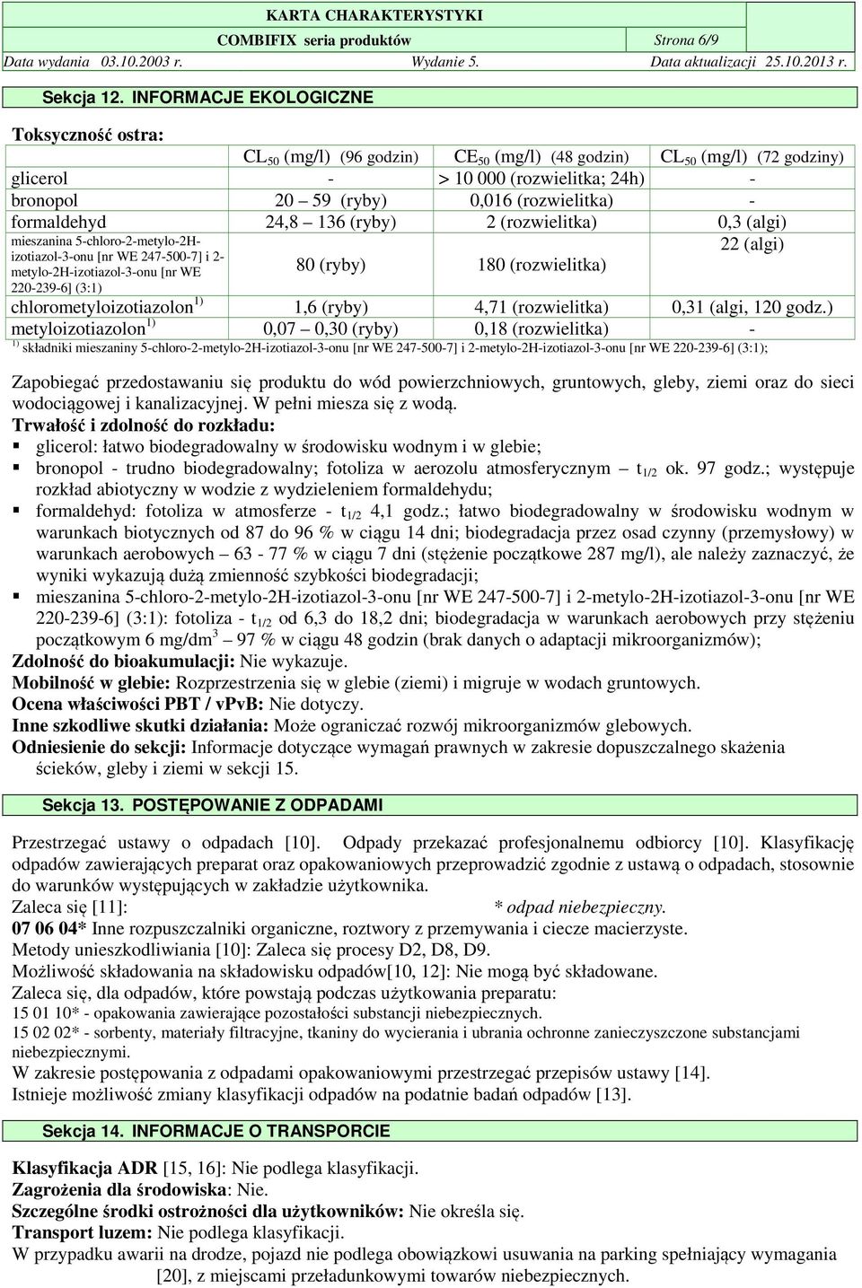 (rozwielitka) - formaldehyd 24,8 136 (ryby) 2 (rozwielitka) 0,3 (algi) 22 (algi) 80 (ryby) 180 (rozwielitka) mieszanina 5-chloro-2-metylo-2Hizotiazol-3-onu [nr WE 247-500-7] i 2-
