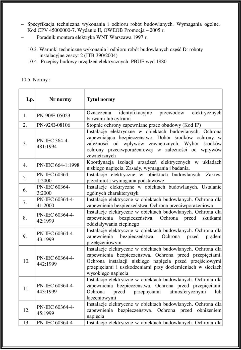 Nr normy Tytuł normy 1. PN-90/E-05023 Oznaczenia identyfikacyjne przewodów elektrycznych barwami lub cyframi 2. PN-92/E-08106 Stopnie ochrony zapewniane przez obudowy (Kod IP) 3.