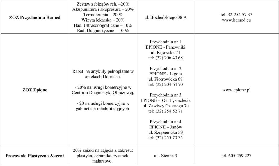 - 20% na usługi komercyjne w Centrum Diagnostyki Obrazowej, - 20 na usługi komercyjne w gabinetach rehabilitacyjnych. Przychodnia nr 2 EPIONE - Ligota ul.