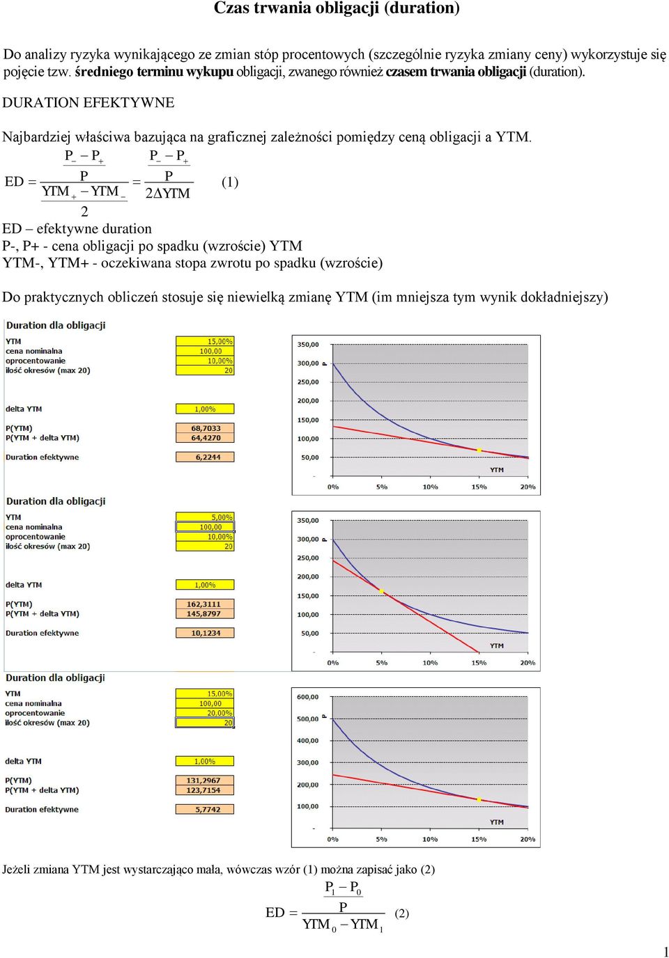 DURATION EFEKTYWNE Najbardziej właściwa bazująca a graficzej zależości pomiędzy ceą obligacji a YTM.