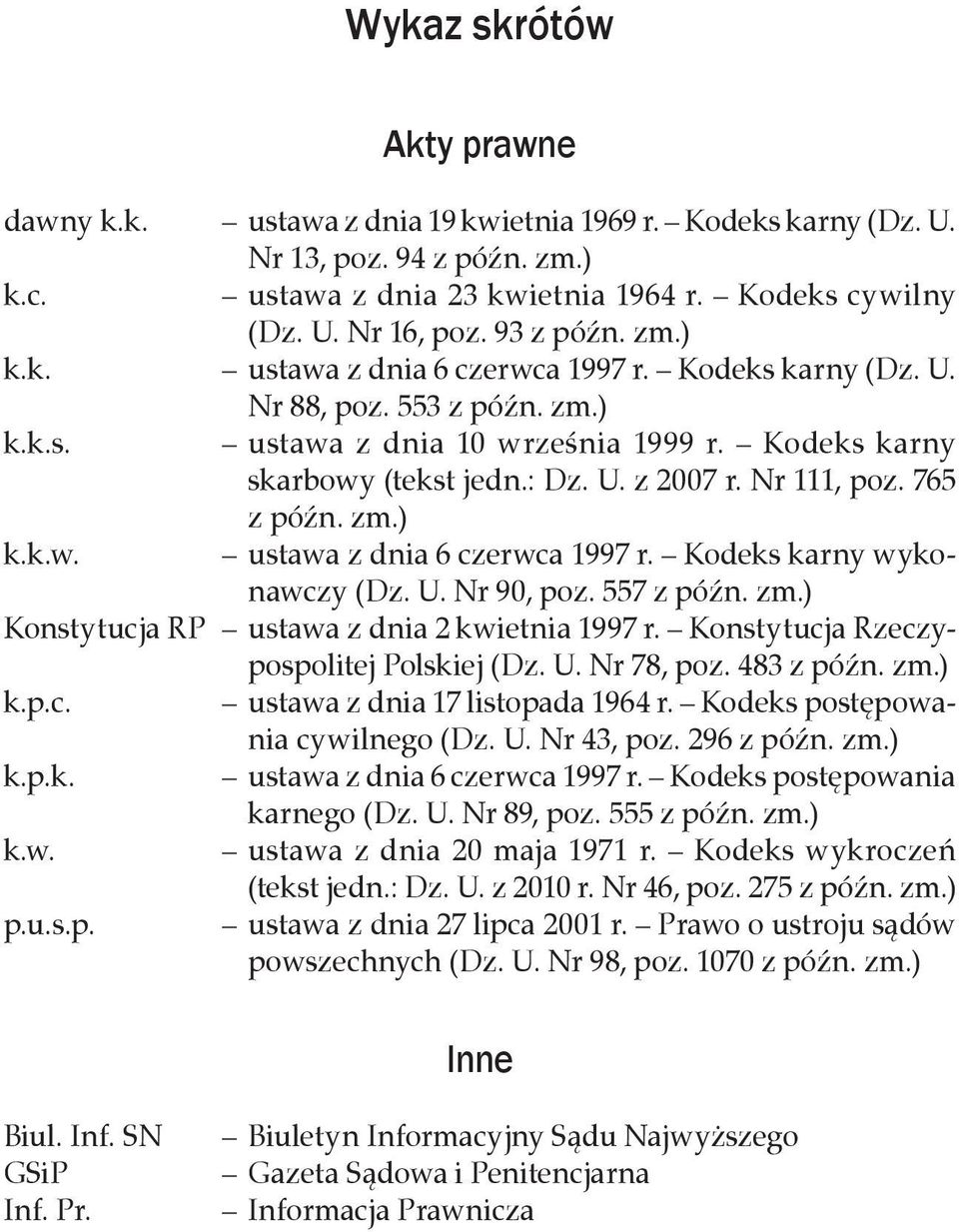 Nr 111, poz. 765 z późn. zm.) k.k.w. ustawa z dnia 6 czerwca 1997 r. Kodeks karny wykonawczy (Dz. U. Nr 90, poz. 557 z późn. zm.) Konstytucja RP ustawa z dnia 2 kwietnia 1997 r.