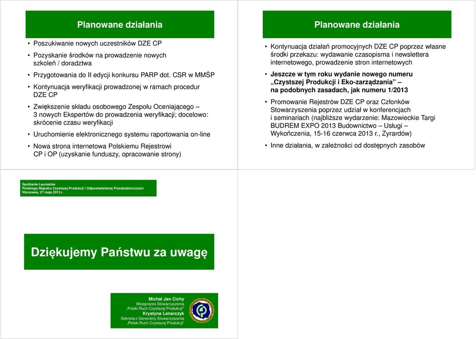 weryfikacji Uruchomienie elektronicznego systemu raportowania on-line Nowa strona internetowa Polskiemu Rejestrowi CP i OP (uzyskanie funduszy, opracowanie strony) Planowane działania Kontynuacja