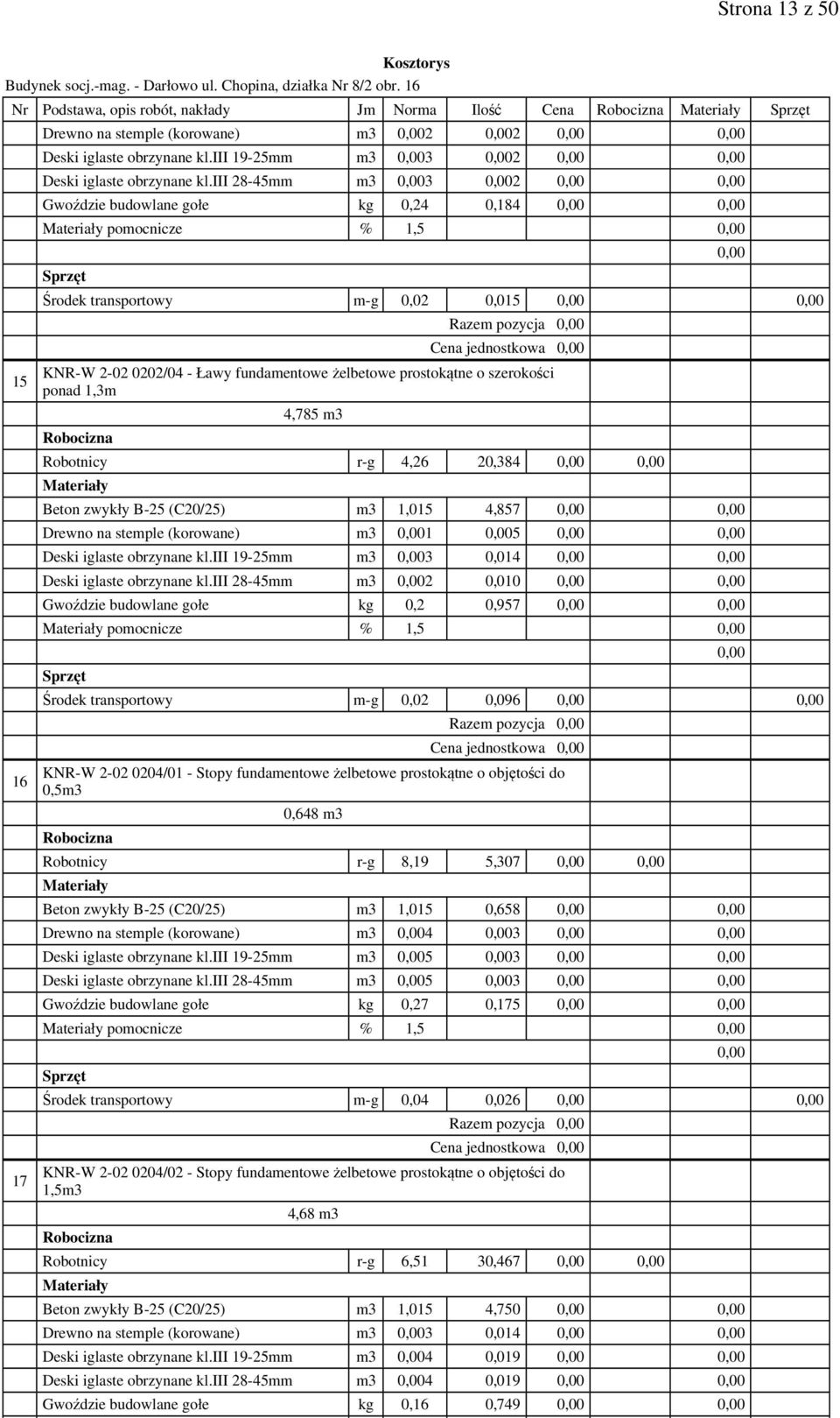szerokości ponad 1,3m 4,785 m3 Robotnicy r-g 4,26 20,384 Beton zwykły B-25 (C20/25) m3 1,015 4,857 Drewno na stemple (korowane) m3 1 5 Deski iglaste obrzynane kl.