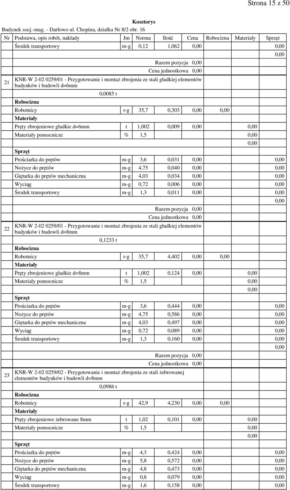 Giętarka do prętów mechaniczna m-g 4,03 0,034 Wyciąg m-g 0,72 6 Środek transportowy m-g 1,3 0,011 Razem pozycja Cena jednostkowa 02 0259/01 - Przygotowanie i montaż zbrojenia ze stali gładkiej