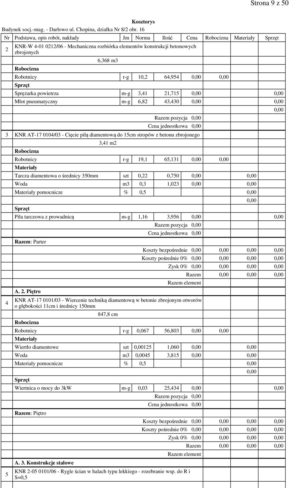 Robotnicy r-g 19,1 65,131 Tarcza diamentowa o średnicy 350mm szt 0,22 0,750 Woda m3 0,3 1,023 pomocnicze % 0,5 Piła tarczowa z prowadnicą m-g 1,16 3,956 Razem: Parter A. 2.