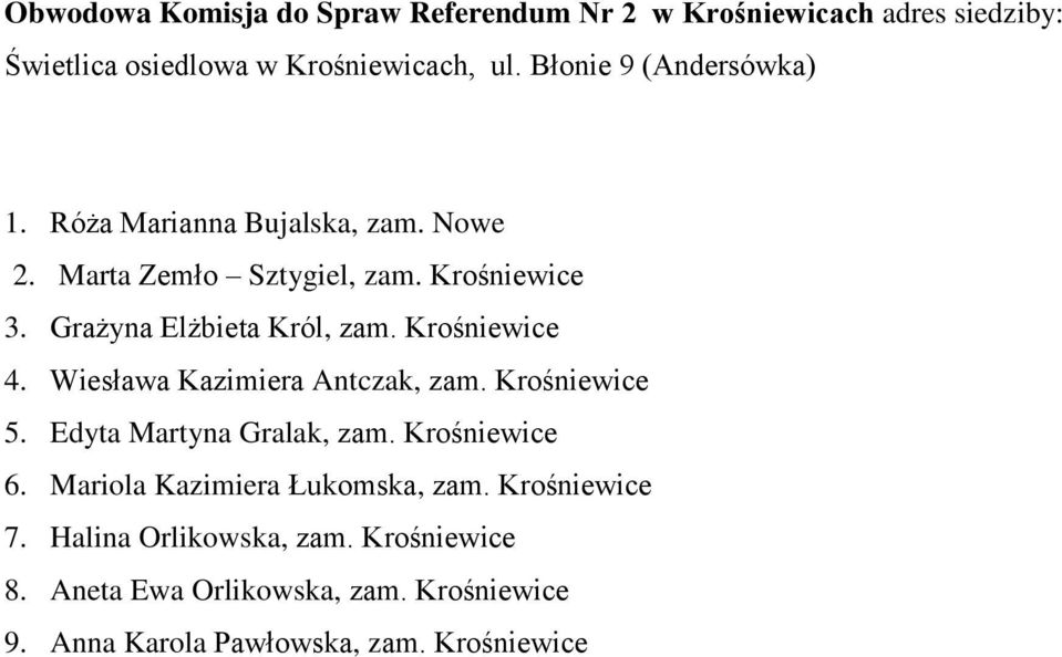 Grażyna Elżbieta Król, zam. Krośniewice 4. Wiesława Kazimiera Antczak, zam. Krośniewice 5. Edyta Martyna Gralak, zam.