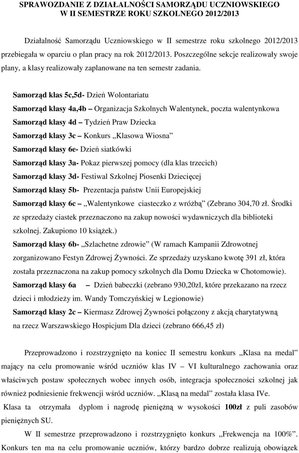 Samorząd klas 5c,5d- Dzień Wolontariatu Samorząd klasy 4a,4b Organizacja Szkolnych Walentynek, poczta walentynkowa Samorząd klasy 4d Tydzień Praw Dziecka Samorząd klasy 3c Konkurs Klasowa Wiosna