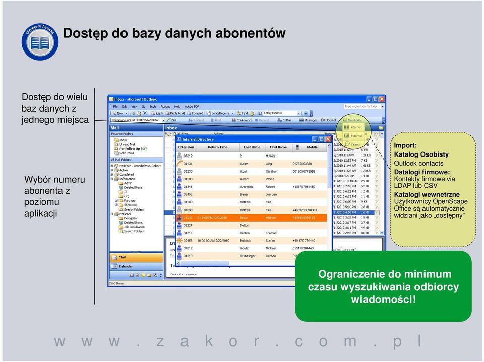 Kontakty firmowe via LDAP lub CSV Katalogi wewnetrzne Użytkownicy OpenScape Office są