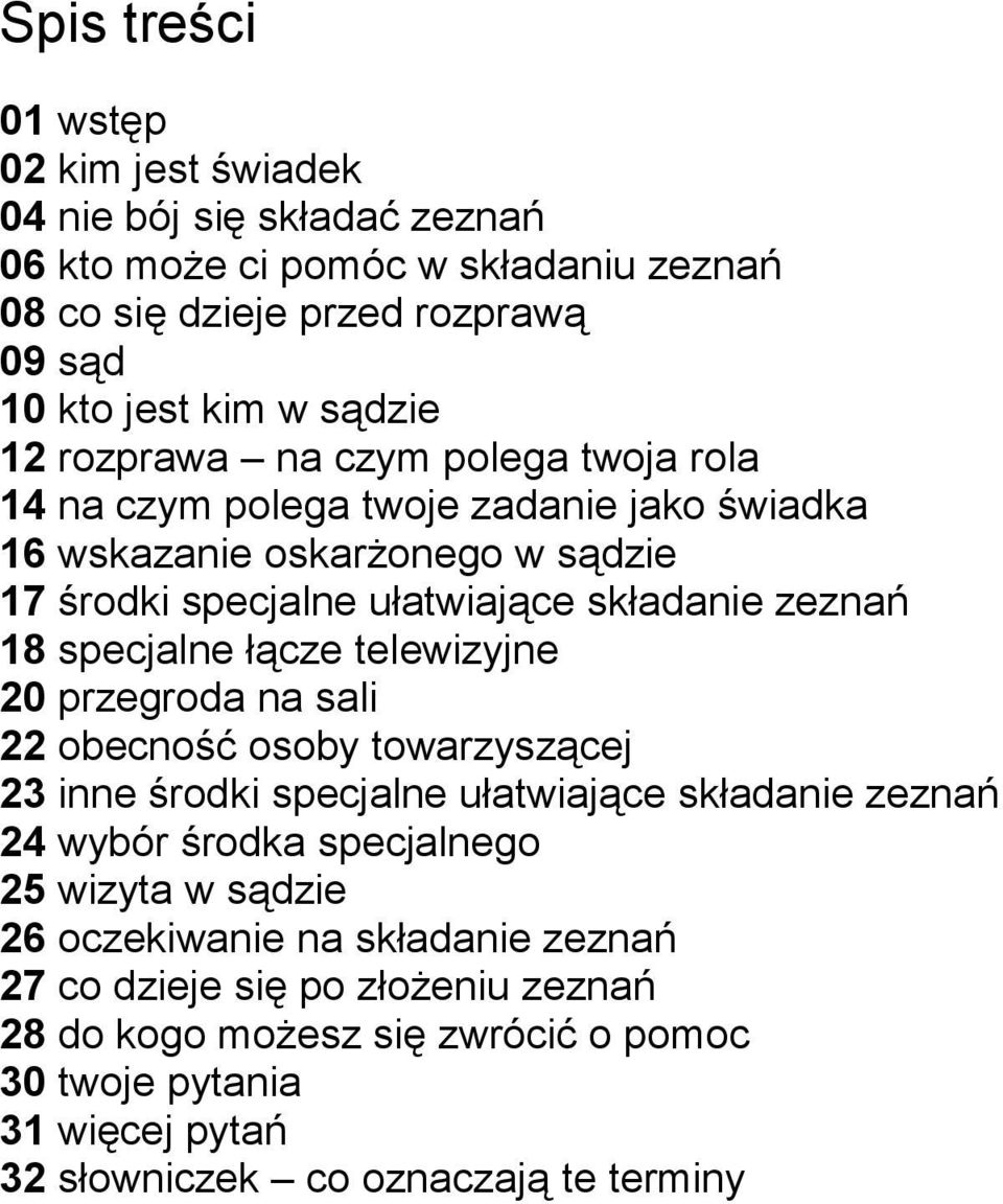 specjalne łącze telewizyjne 20 przegroda na sali 22 obecność osoby towarzyszącej 23 inne środki specjalne ułatwiające składanie zeznań 24 wybór środka specjalnego 25 wizyta w