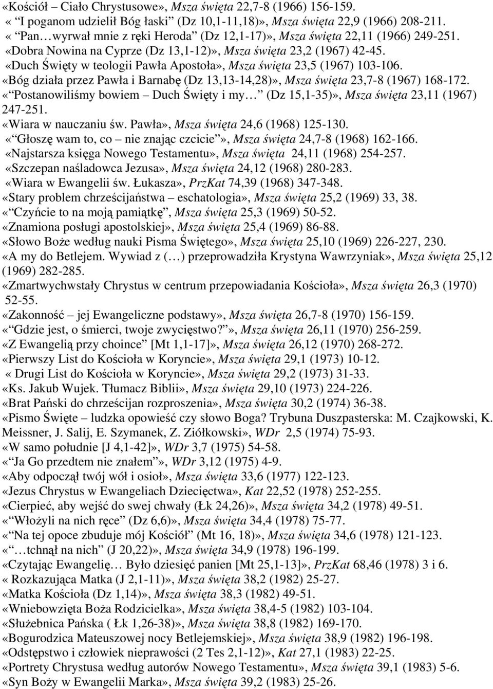 «Duch Święty w teologii Pawła Apostoła», Msza święta 23,5 (1967) 103-106. «Bóg działa przez Pawła i Barnabę (Dz 13,13-14,28)», Msza święta 23,7-8 (1967) 168-172.