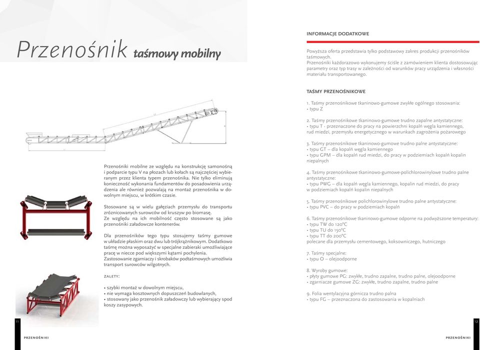 INFORMACJE DODATKOWE TAŚMY PRZENOŚNIKOWE 1. Taśmy przenośnikowe tkaninowo-gumowe zwykłe ogólnego stosowania: typu Z 2.