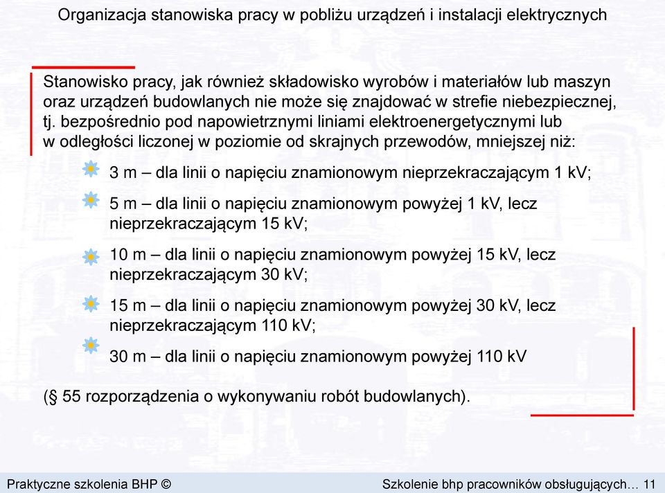 bezpośrednio pod napowietrznymi liniami elektroenergetycznymi lub w odległości liczonej w poziomie od skrajnych przewodów, mniejszej niż: 3 m dla linii o napięciu znamionowym nieprzekraczającym 1 kv;