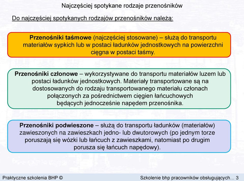 Materiały transportowane są na dostosowanych do rodzaju transportowanego materiału członach połączonych za pośrednictwem cięgien łańcuchowych będących jednocześnie napędem przenośnika.