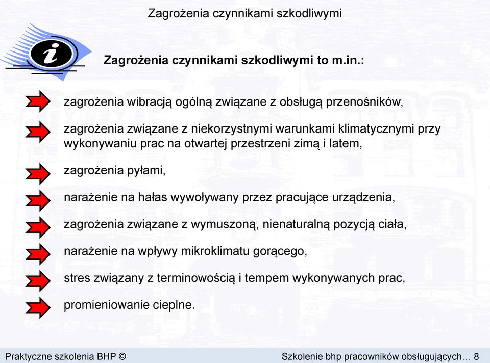 przestrzeni zimą i latem, zagrożenia pyłami, narażenie na hałas wywoływany przez pracujące urządzenia, zagrożenia związane z wymuszoną, nienaturalną pozycją ciała,