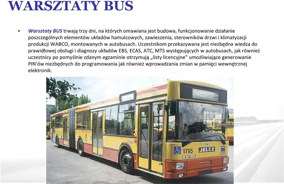 Uczestnikom przekazywana jest niezbędna wiedza do prawidłowej obsługi i diagnozy układów EBS, ECAS, ATC, MTS występujących w autobusach, jak