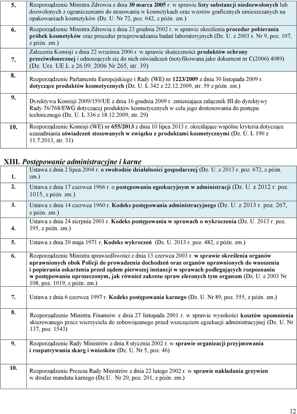 zm.) 6. Rozporządzenie Ministra Zdrowia z dnia 23 grudnia 2002 r. w sprawie określenia procedur pobierania próbek kosmetyków oraz procedur przeprowadzania badań laboratoryjnych (Dz. U. z 2003 r.