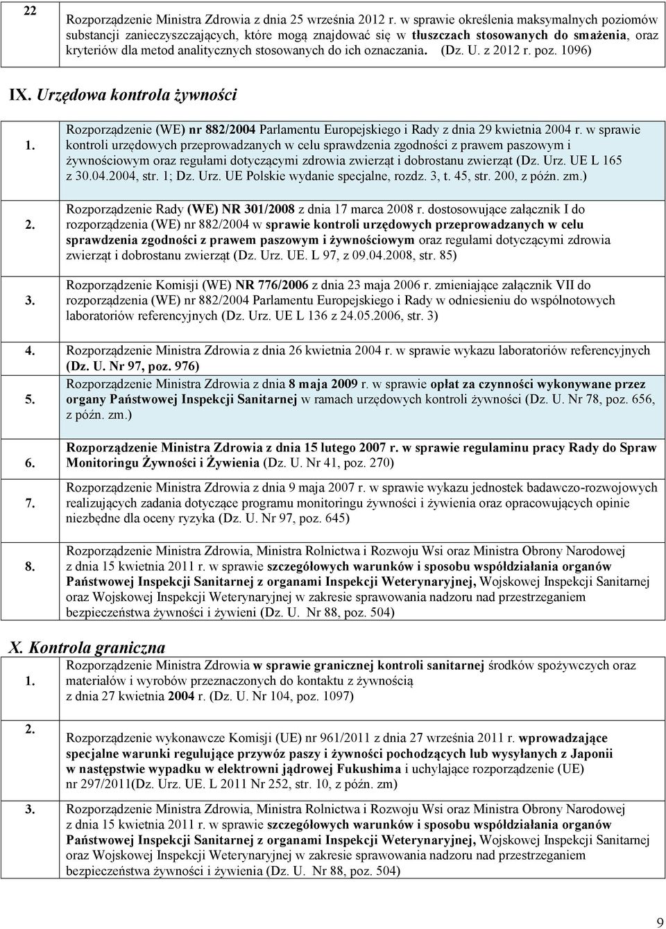 oznaczania. (Dz. U. z 2012 r. poz. 1096) IX. Urzędowa kontrola żywności Rozporządzenie (WE) nr 882/2004 Parlamentu Europejskiego i Rady z dnia 29 kwietnia 2004 r.