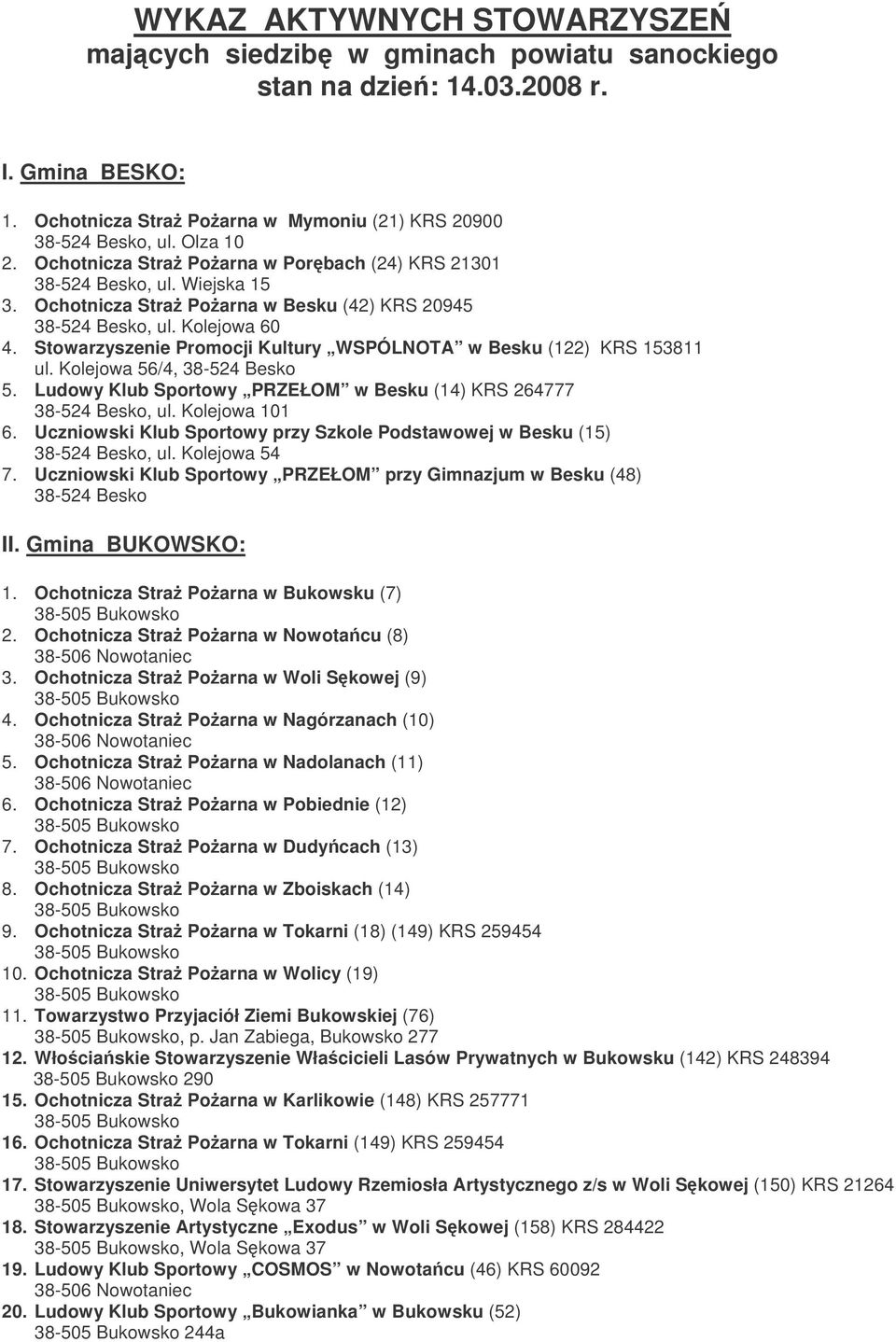 Stowarzyszenie Promocji Kultury WSPÓLNOTA w Besku (122) KRS 153811 ul. Kolejowa 56/4, 38-524 Besko 5. Ludowy Klub Sportowy PRZEŁOM w Besku (14) KRS 264777 38-524 Besko, ul. Kolejowa 101 6.