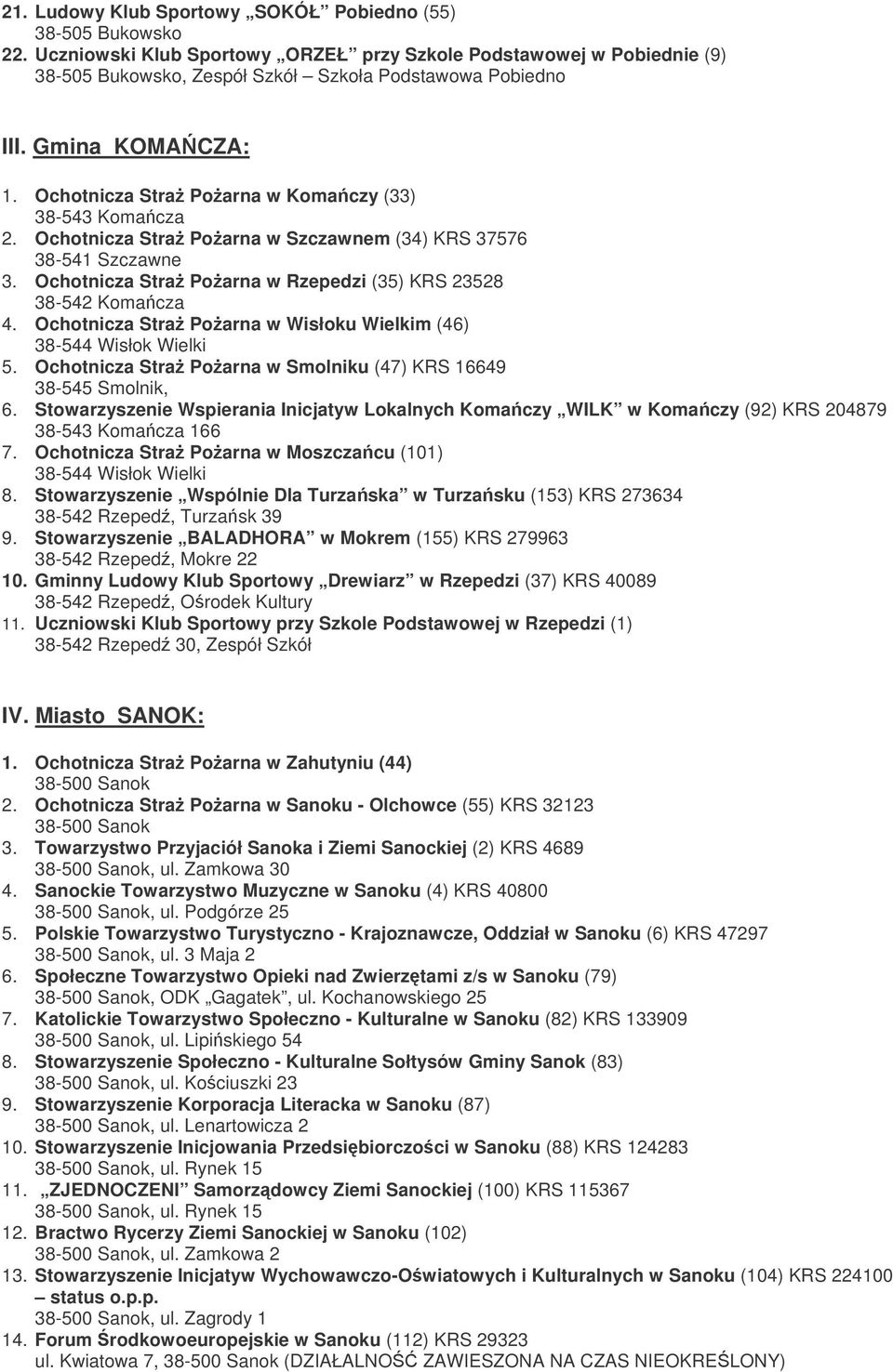 Ochotnicza Stra Poarna w Wisłoku Wielkim (46) 38-544 Wisłok Wielki 5. Ochotnicza Stra Poarna w Smolniku (47) KRS 16649 38-545 Smolnik, 6.