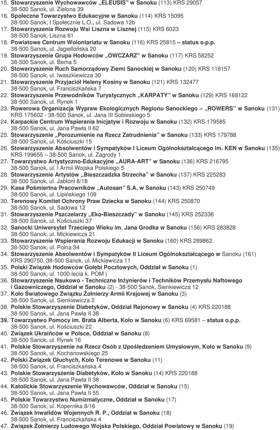 Stowarzyszenie Grupa Hodowców OWCZARZ w Sanoku (117) KRS 58252 38-500 Sanok, ul. Bema 5 20. Stowarzyszenie Ruch Samorzdowy Ziemi Sanockiej w Sanoku (120) KRS 118157 38-500 Sanok, ul.