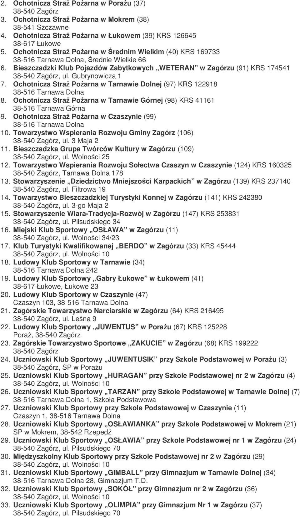Gubrynowicza 1 7. Ochotnicza Stra Poarna w Tarnawie Dolnej (97) KRS 122918 38-516 Tarnawa Dolna 8. Ochotnicza Stra Poarna w Tarnawie Górnej (98) KRS 41161 38-516 Tarnawa Górna 9.