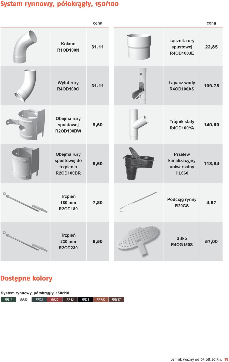 trzpienia 9,60 kanalizacyjny uniwersalny 118,94 R2OD100BR HL660 Trzpień 180 mm R2OD180 7,80 Podciąg rynny R20GS 4,87 Trzpień 230 mm