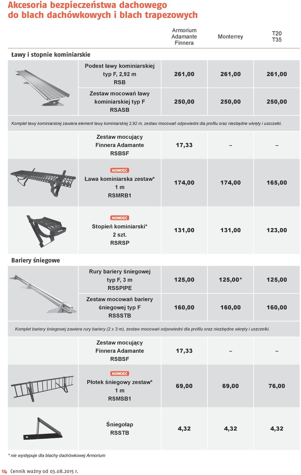 niezbędne wkręty i uszczelki. Zestaw mocujący Finnera Adamante RSBSF 17,33 Ława kominiarska zestaw* 1 m RSMRB1 174,00 174,00 165,00 Stopień kominiarski* 2 szt.