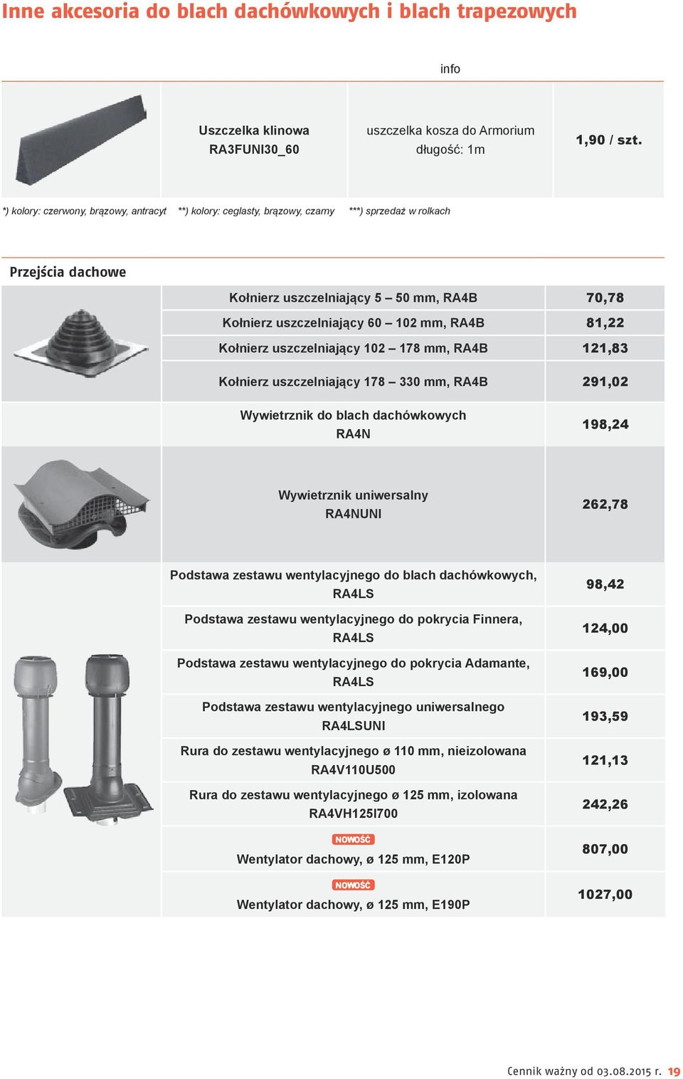 RA4B 81,22 Kołnierz uszczelniający 102 178 mm, RA4B 121,83 Kołnierz uszczelniający 178 330 mm, RA4B 291,02 Wywietrznik do blach dachówkowych RA4N 198,24 Wywietrznik uniwersalny RA4NUNI 262,78